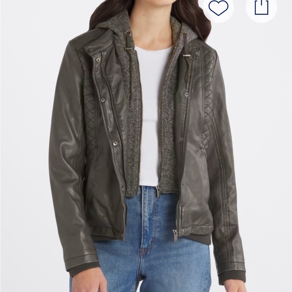 Mo Ka Miriam Knit Hood Dark Grey Faux Leather Jacket